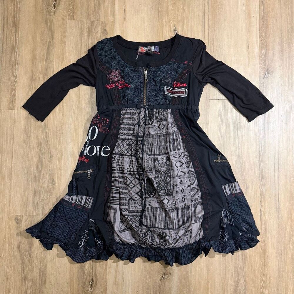 Desigual Embellished Black Sheath Dress 3/4 Sleeve Black Sz 38 Fairy Grunge Alt
